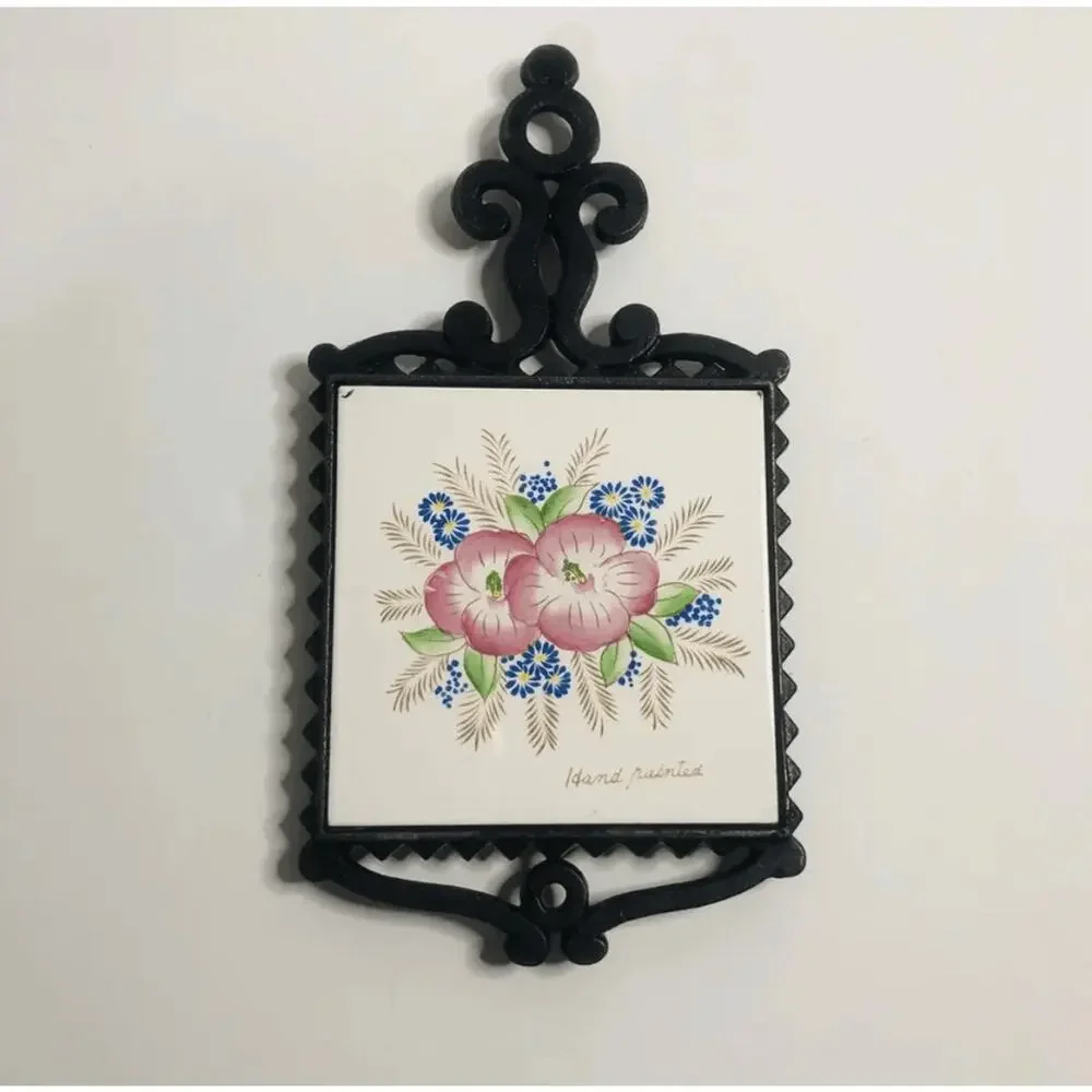 Vintage Cast Iron Floral Ceramic Tile Trivet Hand Painted Pink Blue Flowers 9.5